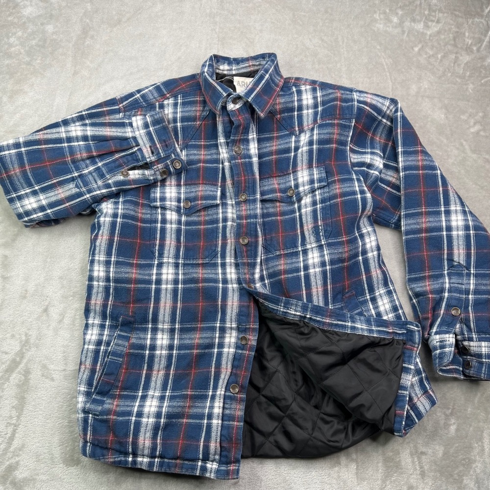Ariat Retro Fit Flannel Shirt Jacket Mens Large Blue Plaid Quilted Lined Western